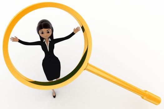 3d woman under falling magnifying glass concept on white background, top angle view