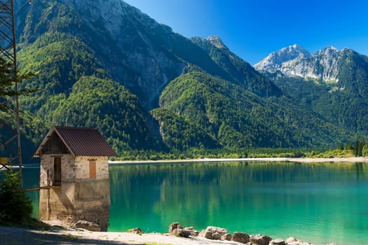 Lago del Predil (Predil Lake), beautiful alpine lake in north Italy near the Slovenian border. Julian Alps, Friuli Venezia Giulia, Italy