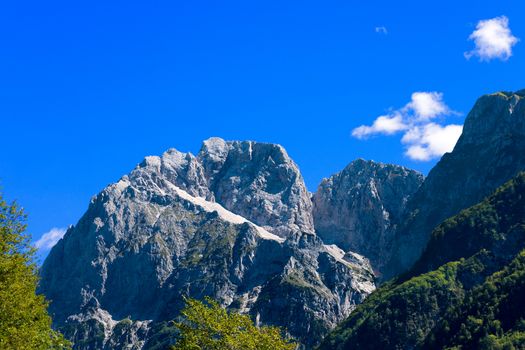 Detail of peak of Mount Jalovec 2645 m. (Gialuz) In the Triglav National Park, Slovenia, Europe