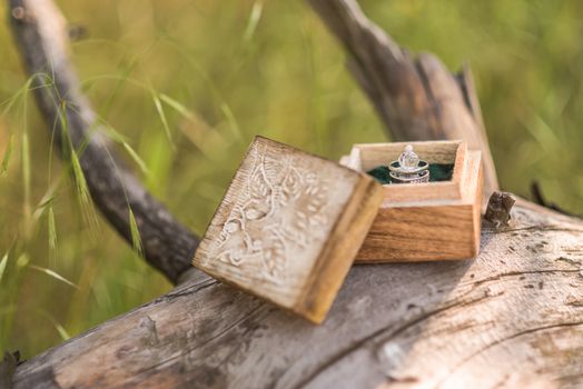 wedding rings in a wooden box on the tree