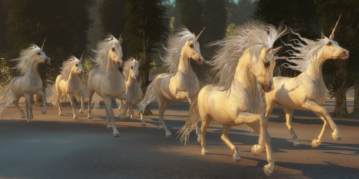 A herd of magical white unicorns with wondrous manes and tails gallop through the forest.