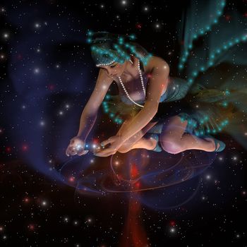 A ghostly female spirit dressed in turquoise stars spreads stars and planets throughout the universe.