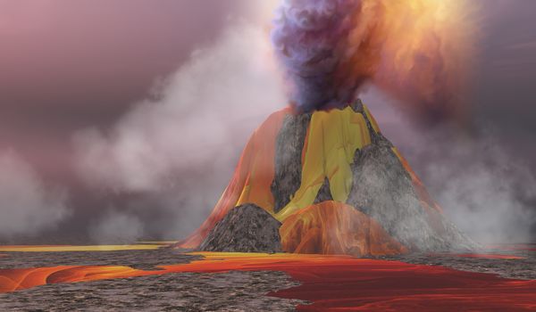 Molten magma flows from an erupting volcano and smoke billows up into the sky.