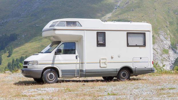 Camper van parked high in the mountains, Switzerland