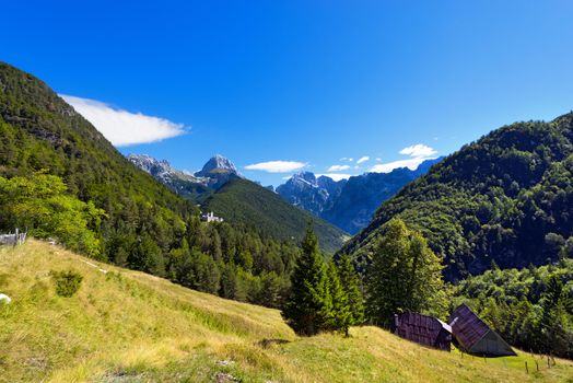 Peak of Mount Mangart (2679 m), and peak of Mount Jalovec 2645 m. (Gialuz). In the Triglav National Park, Slovenia, Europe
