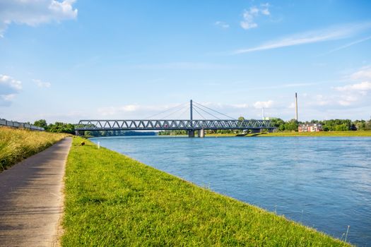 Rhine bridge in Karlsruhe, view from river rhine bikeway riversides