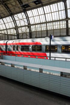 The train at the platform, Railway station in Amsterdam.