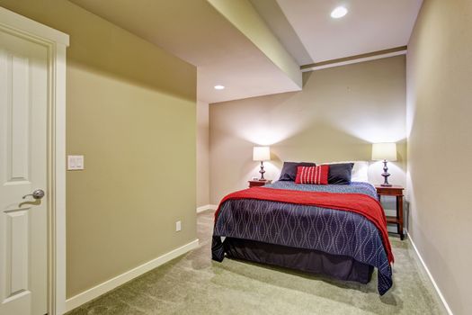 Basement guest bedroom without windows with blue and red bedding.