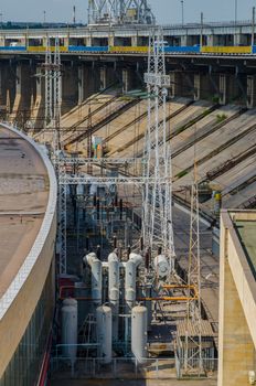 bridge hydroelectric plant on blue sky background