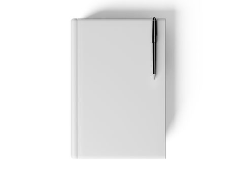 Black pen on white open book, on white background, concept