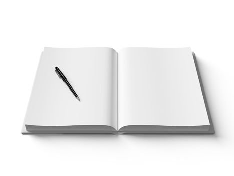 Black pen on white open book, on white background, concept