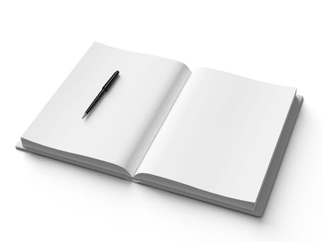 Black pen on white open book, on white background, concept