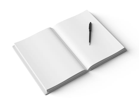 Black pen on white open book, on white background, concept