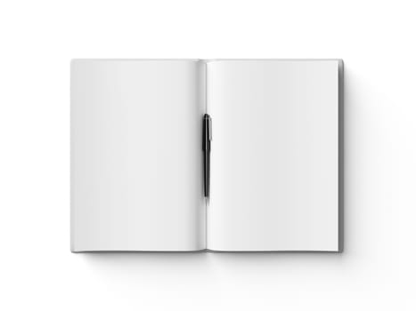 Black pen on white open book, on white background, concept