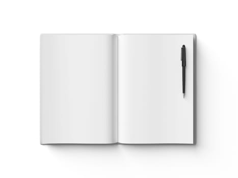 Black pen on white open book, on white background, concept