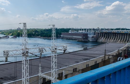 bridge hydroelectric plant on blue sky background