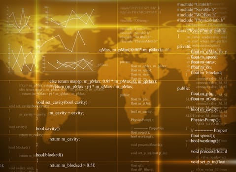 Yellow abstract background with world map and matrix