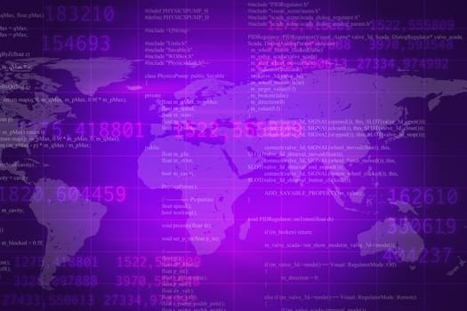 Purple abstract background with world map, numbers and matrix