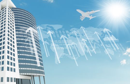 Skyscraper with graphical charts and arrows on blue sky background