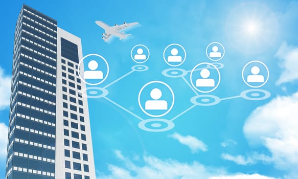 Skyscraper with icons and jet on blue sky background