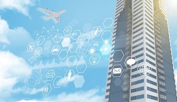 Business center with icons, molecule and jet on blue sky background