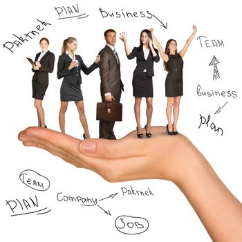 Businessman nad women in humans hand on isolated white background