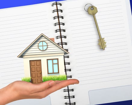Humans hand holding house with key and notebook