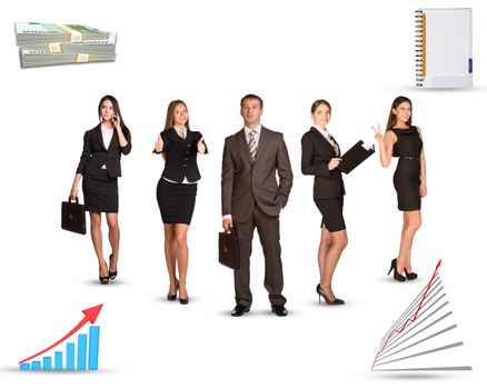 Group of business people with graphs on isolated white background
