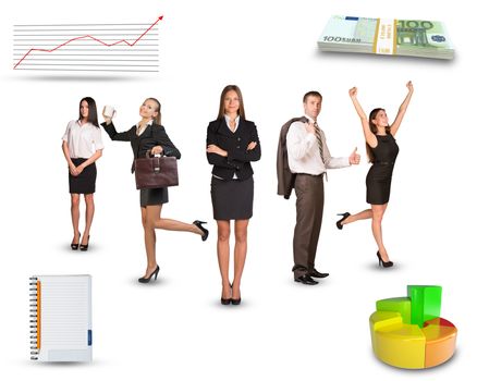 Group of happy business people with graphs on isolated white background