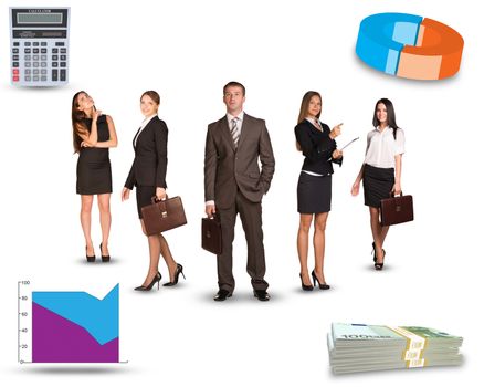 Group of young business people with graphs on isolated white background