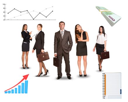 Group of young business people looking at camera with graphs on isolated white background