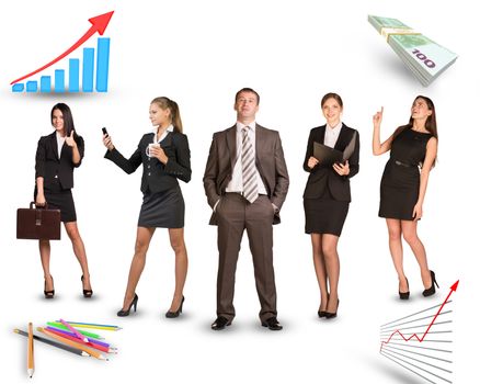 Group of young business people in different postures with graphs on isolated white background