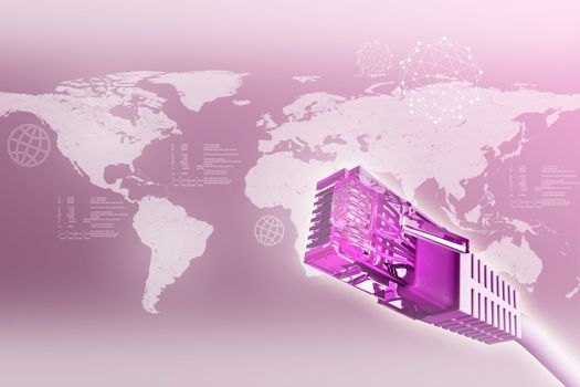 Computer cables on abstract purple background with world map
