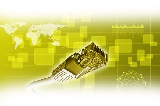 Computer cables on abstract yellow background with world map