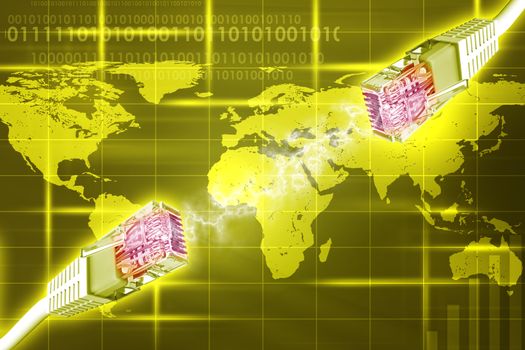 Computer wires on abstract yellow background with world map