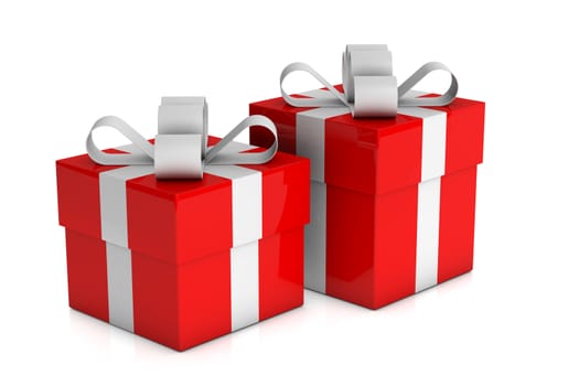 two red gift boxes with white ribbon on white background