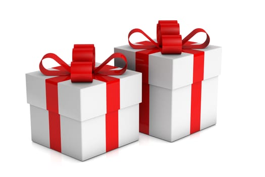 two white gift boxes with red ribbon on white background
