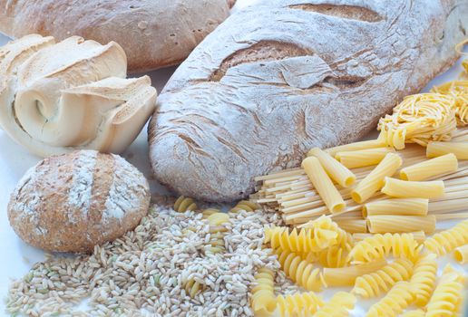 Different varieties of Italian pasta and homemade bread