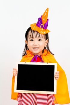 Asian Chinese Little girl celebrate Halloween holding blank black board.