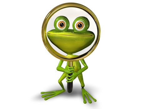 illustration merry green frog with magnifying glass