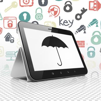 Safety concept: Tablet Computer with  black Umbrella icon on display,  Hand Drawn Security Icons background