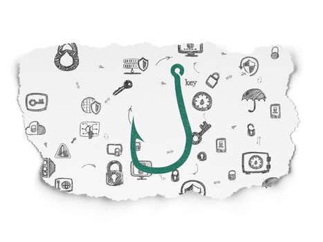 Protection concept: Painted green Fishing Hook icon on Torn Paper background with Scheme Of Hand Drawn Security Icons