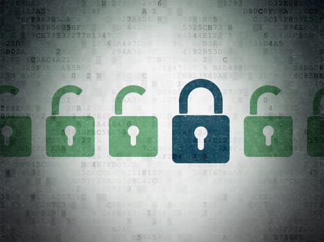 Security concept: row of Painted green opened padlock icons around blue closed padlock icon on Digital Paper background