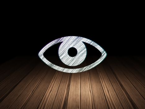 Protection concept: Glowing Eye icon in grunge dark room with Wooden Floor, black background