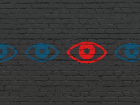 Security concept: row of Painted blue eye icons around red eye icon on Black Brick wall background