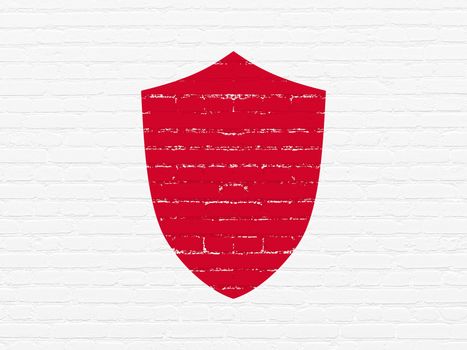Protection concept: Painted red Shield icon on White Brick wall background
