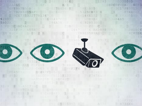 Safety concept: row of Painted blue eye icons around black cctv camera icon on Digital Paper background