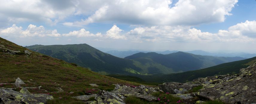 evening mountain plateau landscape with rainbow(Carpathian, Ukraine) 