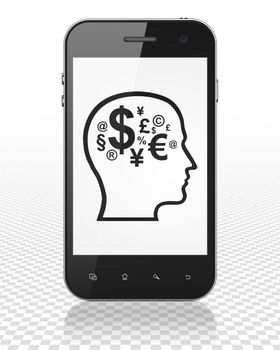 Education concept: Smartphone with black Head With Finance Symbol icon on display