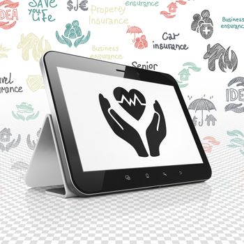 Insurance concept: Tablet Computer with  black Health Insurance icon on display,  Hand Drawn Insurance Icons background